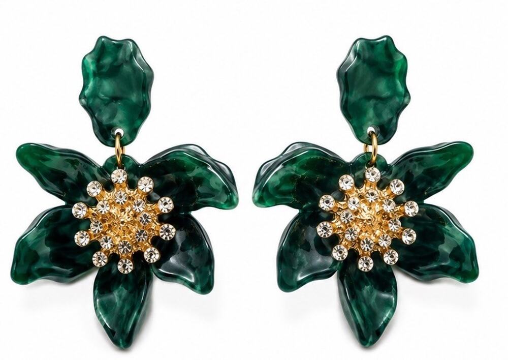 ZARA GREEN FLORAL STATEMENT DROP EARRINGS CRYSTAL RHINESTONE GOLD TONE